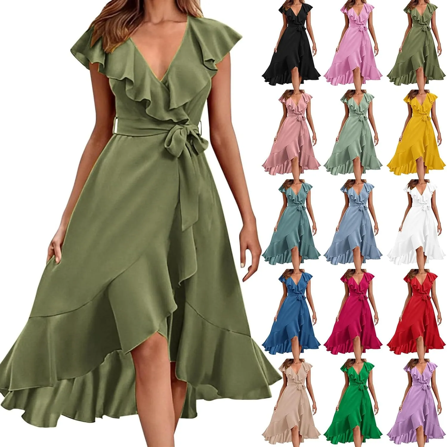 2025 Dresses for Women Summer Bohemian Wrap Midi Dress Sexy V Neck Wedding Guest Dress Ruffle Hem Split Beach Dresses