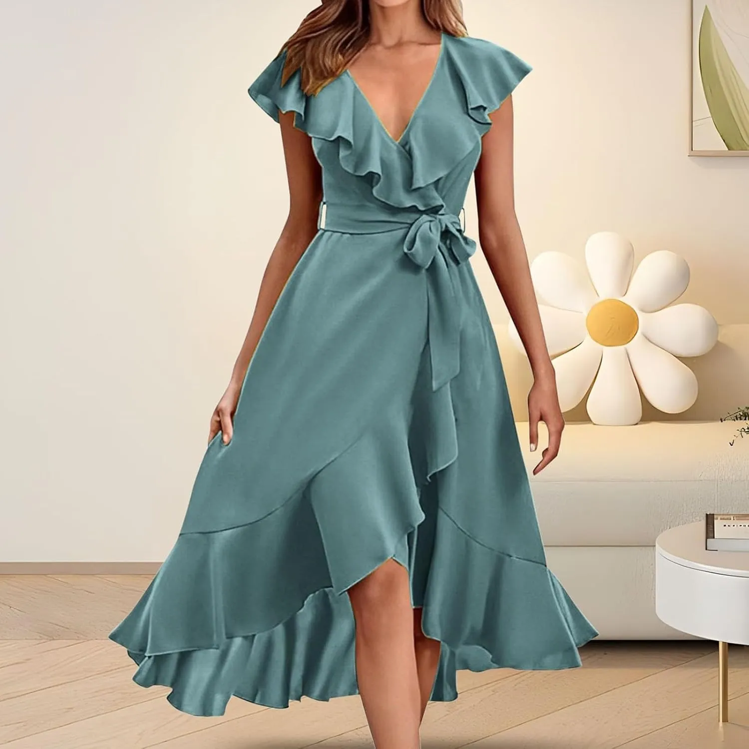 2025 Dresses for Women Summer Bohemian Wrap Midi Dress Sexy V Neck Wedding Guest Dress Ruffle Hem Split Beach Dresses