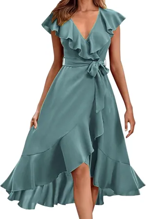 2025 Dresses for Women Summer Bohemian Wrap Midi Dress Sexy V Neck Wedding Guest Dress Ruffle Hem Split Beach Dresses