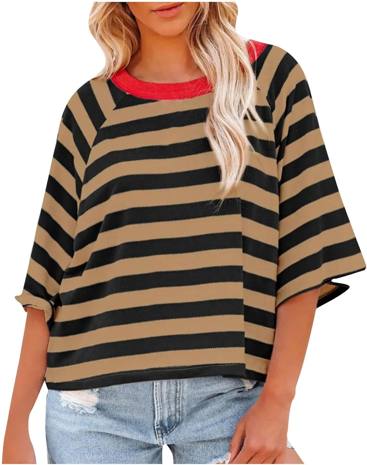 3/4 Length Sleeve Womens Tops Oversized Striped Color Block Tshirts Crew Neck T-Shirt Casual Loose Pullover