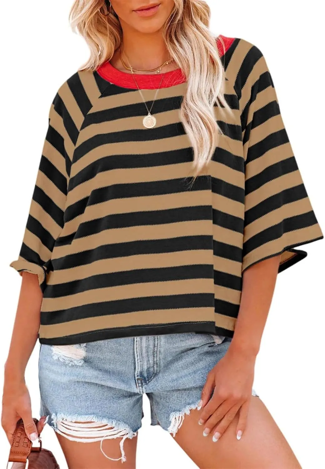 3/4 Length Sleeve Womens Tops Oversized Striped Color Block Tshirts Crew Neck T-Shirt Casual Loose Pullover