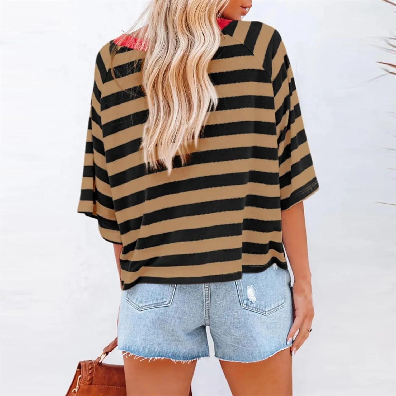 3/4 Length Sleeve Womens Tops Oversized Striped Color Block Tshirts Crew Neck T-Shirt Casual Loose Pullover