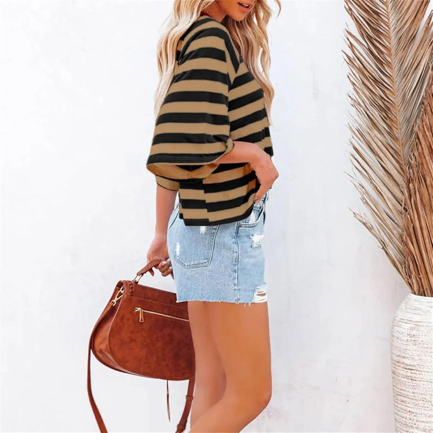 3/4 Length Sleeve Womens Tops Oversized Striped Color Block Tshirts Crew Neck T-Shirt Casual Loose Pullover