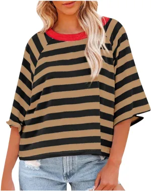 3/4 Length Sleeve Womens Tops Oversized Striped Color Block Tshirts Crew Neck T-Shirt Casual Loose Pullover