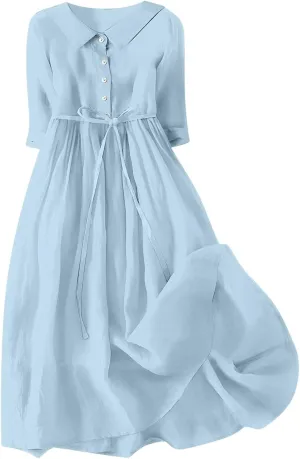 3/4 Sleeve Cotton Dresses for Women Casual Summer Button Down Floral Dress Beach Vacation Dresses Ruffle Floral