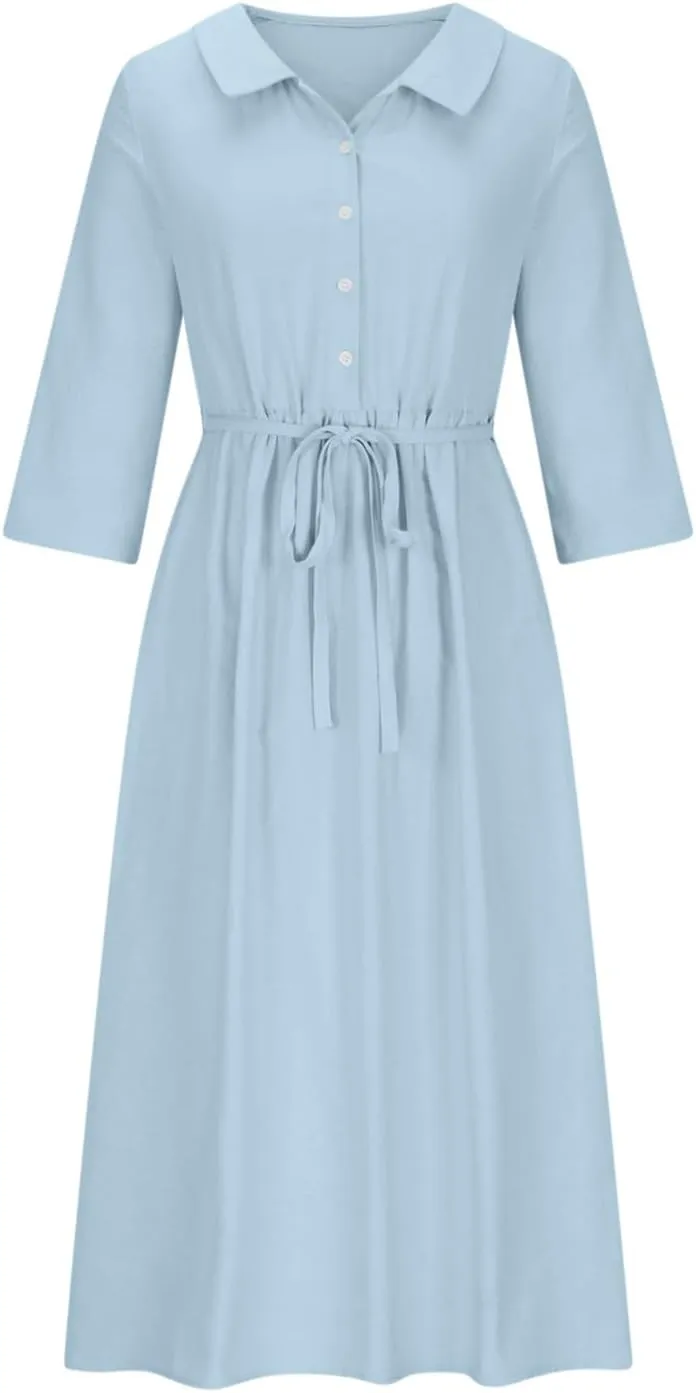 3/4 Sleeve Cotton Dresses for Women Casual Summer Button Down Floral Dress Beach Vacation Dresses Ruffle Floral