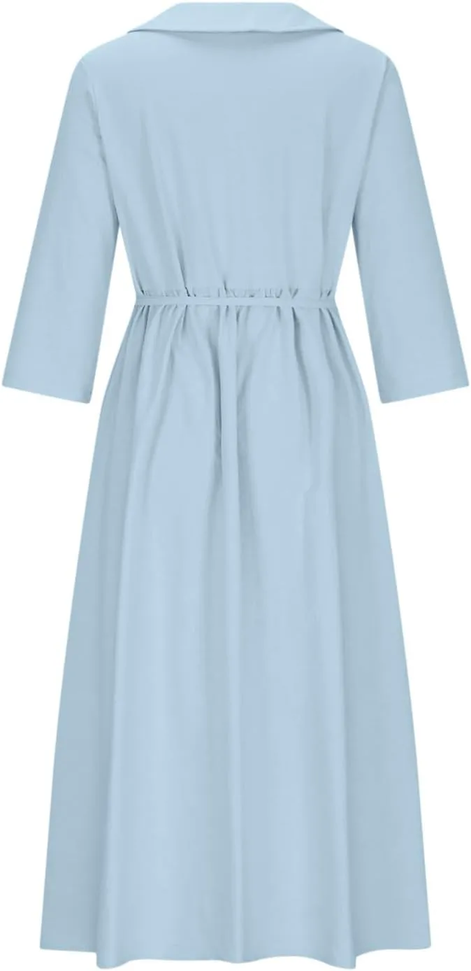 3/4 Sleeve Cotton Dresses for Women Casual Summer Button Down Floral Dress Beach Vacation Dresses Ruffle Floral