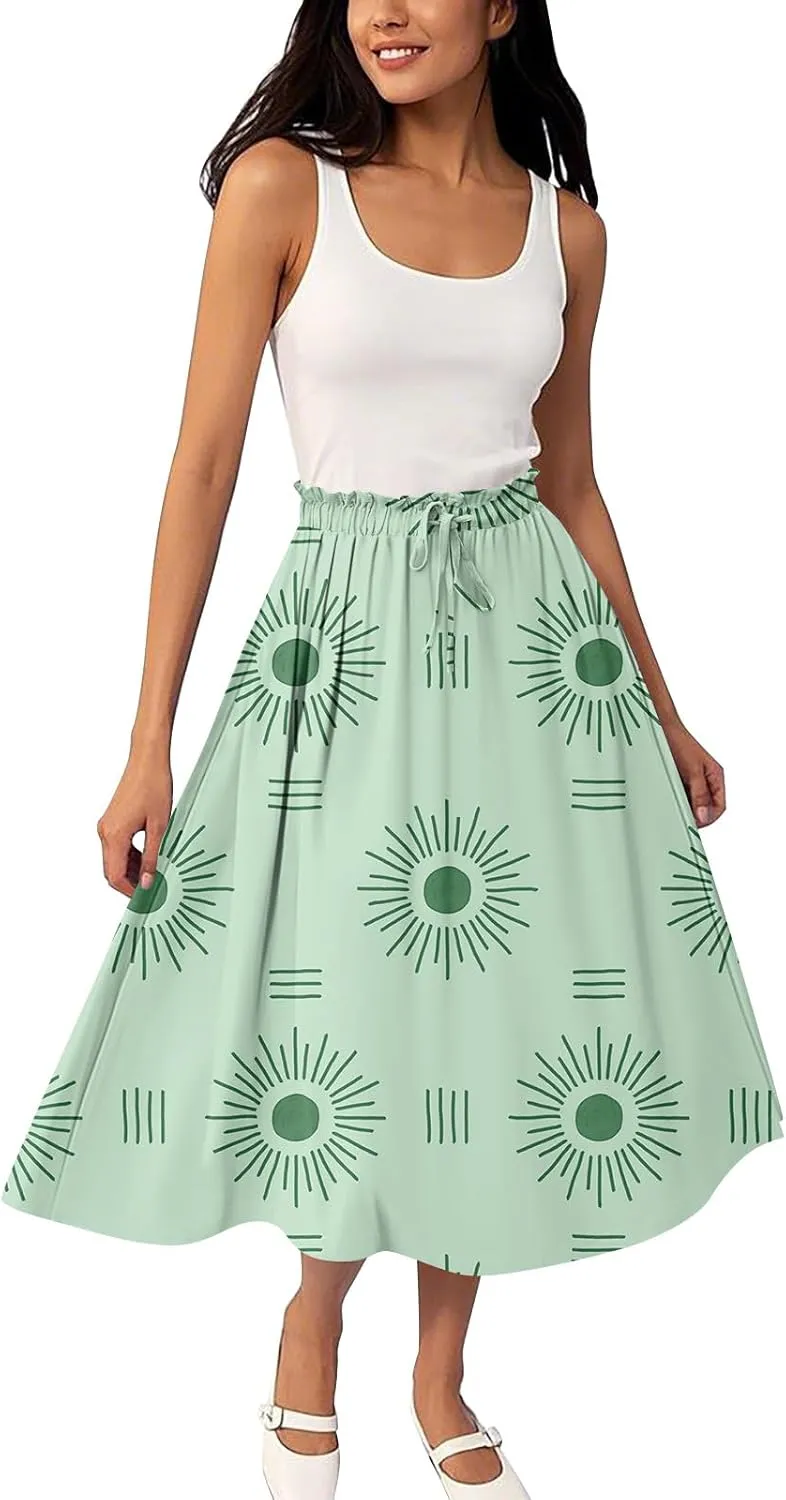 ADHOWBEW Long Skirts for Women A Line Flowy Beach High Waisted Midi Length Trendy Cute Plus Size Casual Ruffle Summer Skirts