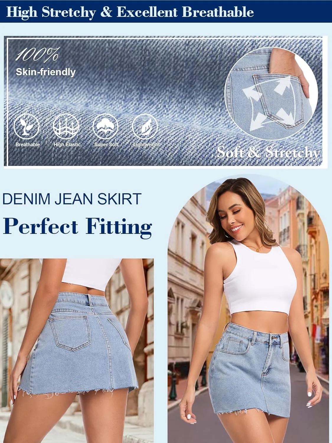 AIMILIA Women's Denim Jean Skirt Casual Button Stretchy Mini Raw Hem Straight Zip Fly Mid Rise Pencil Skirts