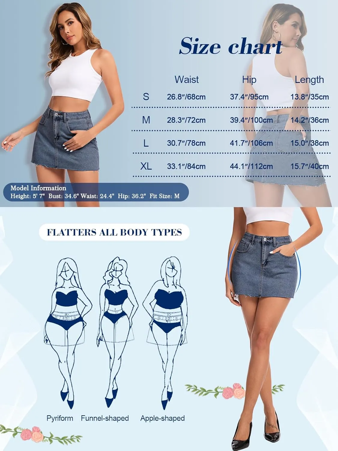 AIMILIA Women's Denim Jean Skirt Casual Button Stretchy Mini Raw Hem Straight Zip Fly Mid Rise Pencil Skirts