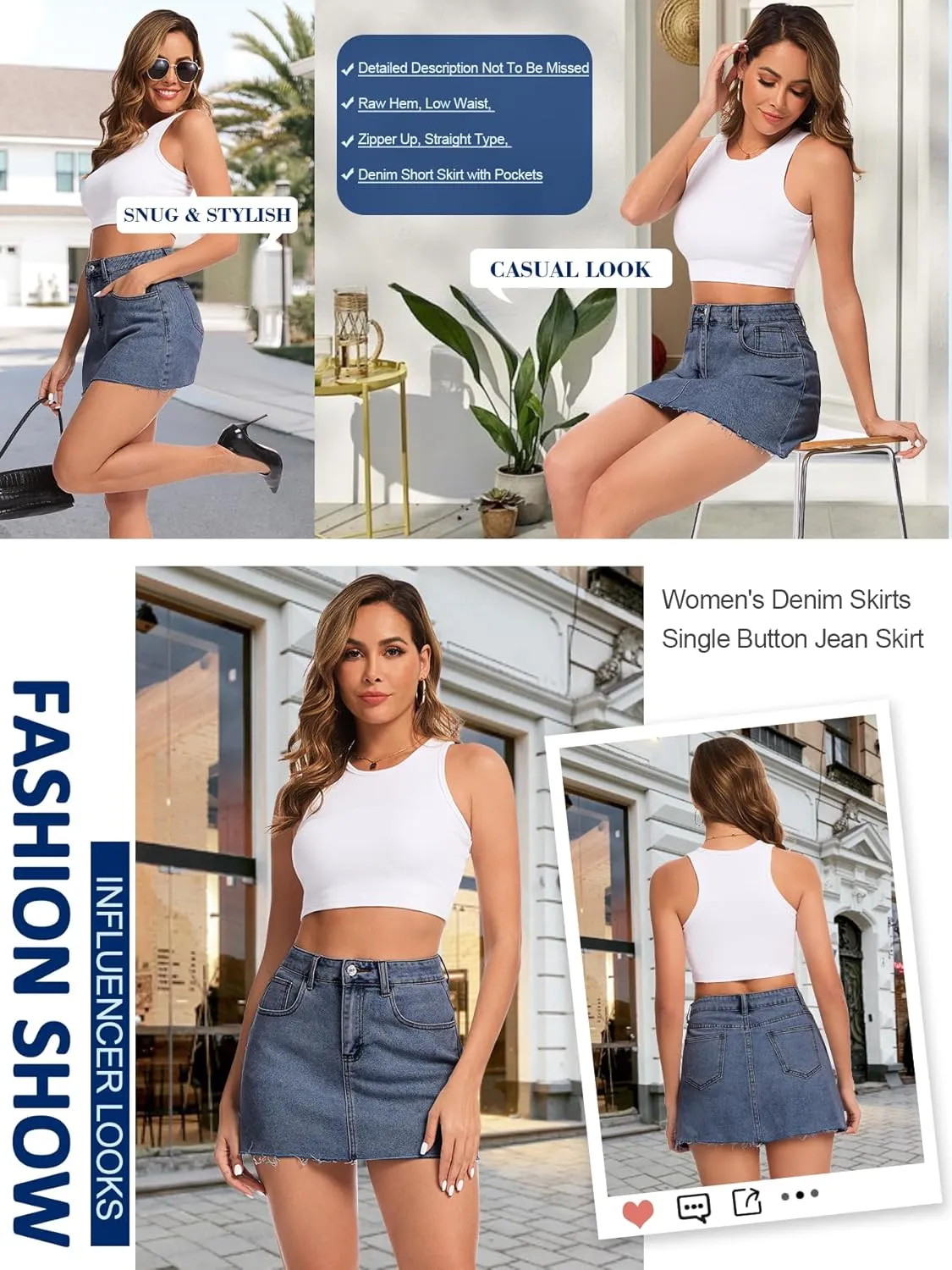 AIMILIA Women's Denim Jean Skirt Casual Button Stretchy Mini Raw Hem Straight Zip Fly Mid Rise Pencil Skirts