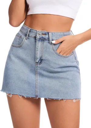 AIMILIA Women's Denim Jean Skirt Casual Button Stretchy Mini Raw Hem Straight Zip Fly Mid Rise Pencil Skirts