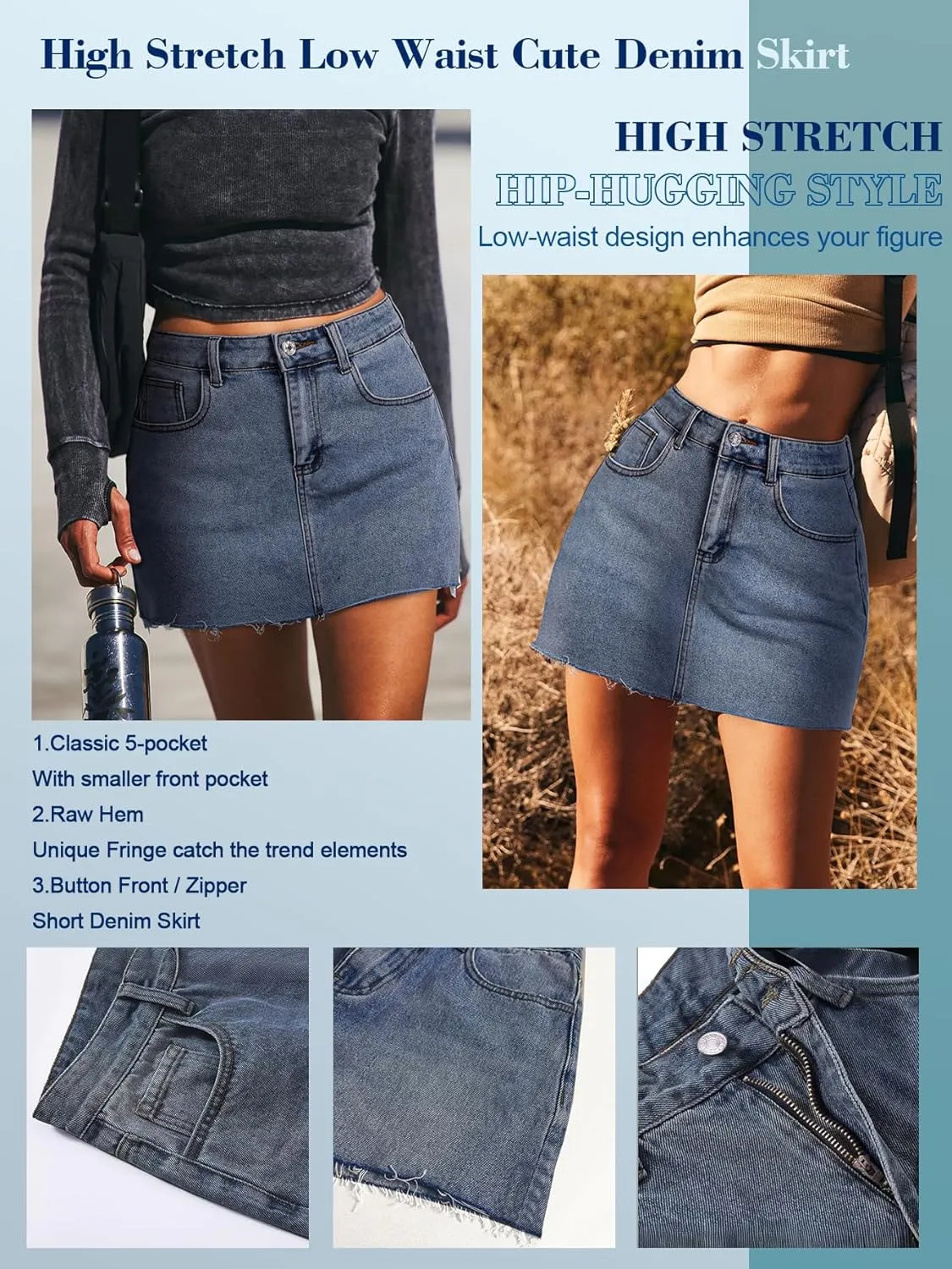 AIMILIA Women's Denim Jean Skirt Casual Button Stretchy Mini Raw Hem Straight Zip Fly Mid Rise Pencil Skirts