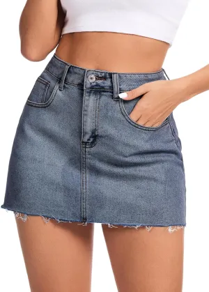 AIMILIA Women's Denim Jean Skirt Casual Button Stretchy Mini Raw Hem Straight Zip Fly Mid Rise Pencil Skirts