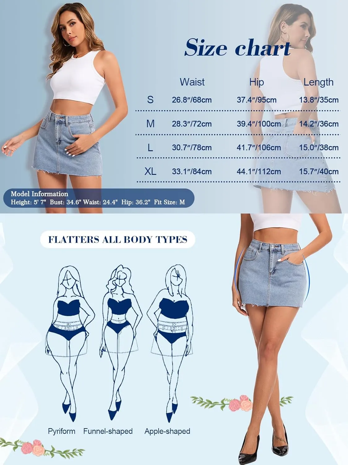 AIMILIA Women's Denim Jean Skirt Casual Button Stretchy Mini Raw Hem Straight Zip Fly Mid Rise Pencil Skirts