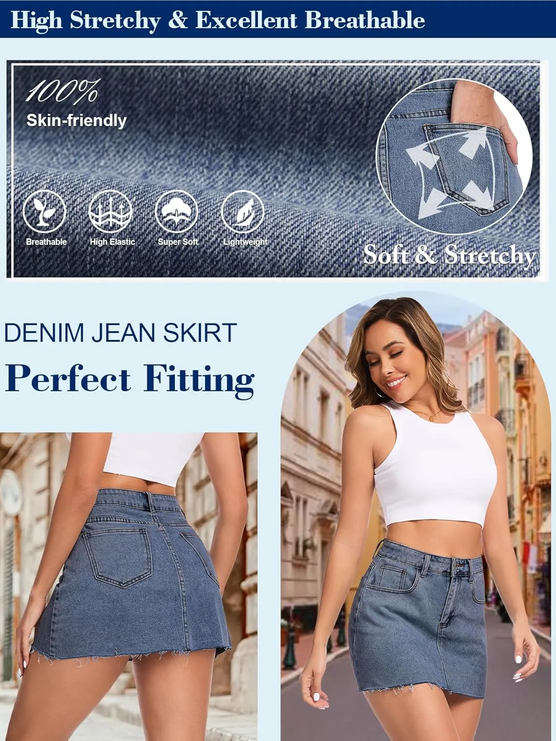 AIMILIA Women's Denim Jean Skirt Casual Button Stretchy Mini Raw Hem Straight Zip Fly Mid Rise Pencil Skirts