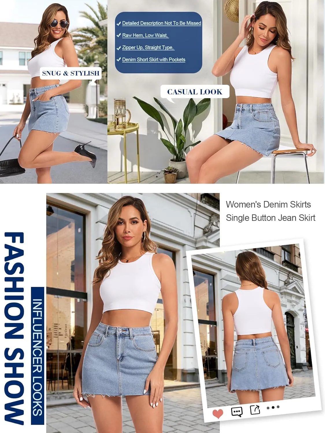 AIMILIA Women's Denim Jean Skirt Casual Button Stretchy Mini Raw Hem Straight Zip Fly Mid Rise Pencil Skirts