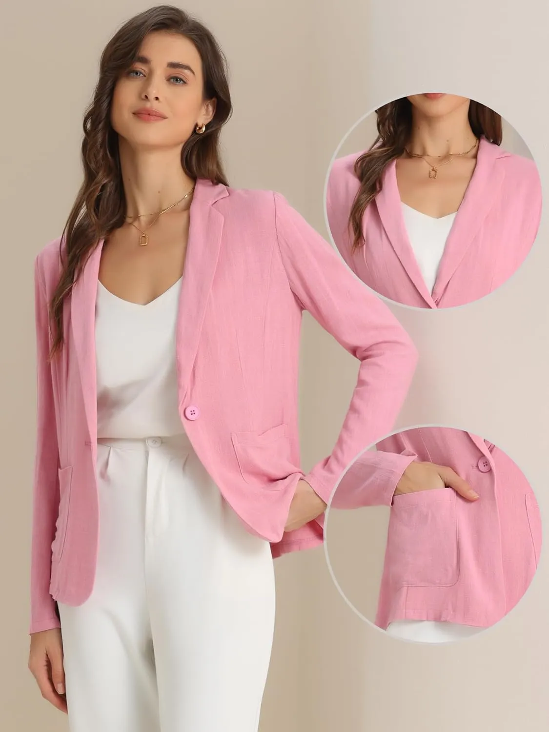 Allegra K Linen Blazer for Women's Notch Lapel One Button Casual Suit Jackets