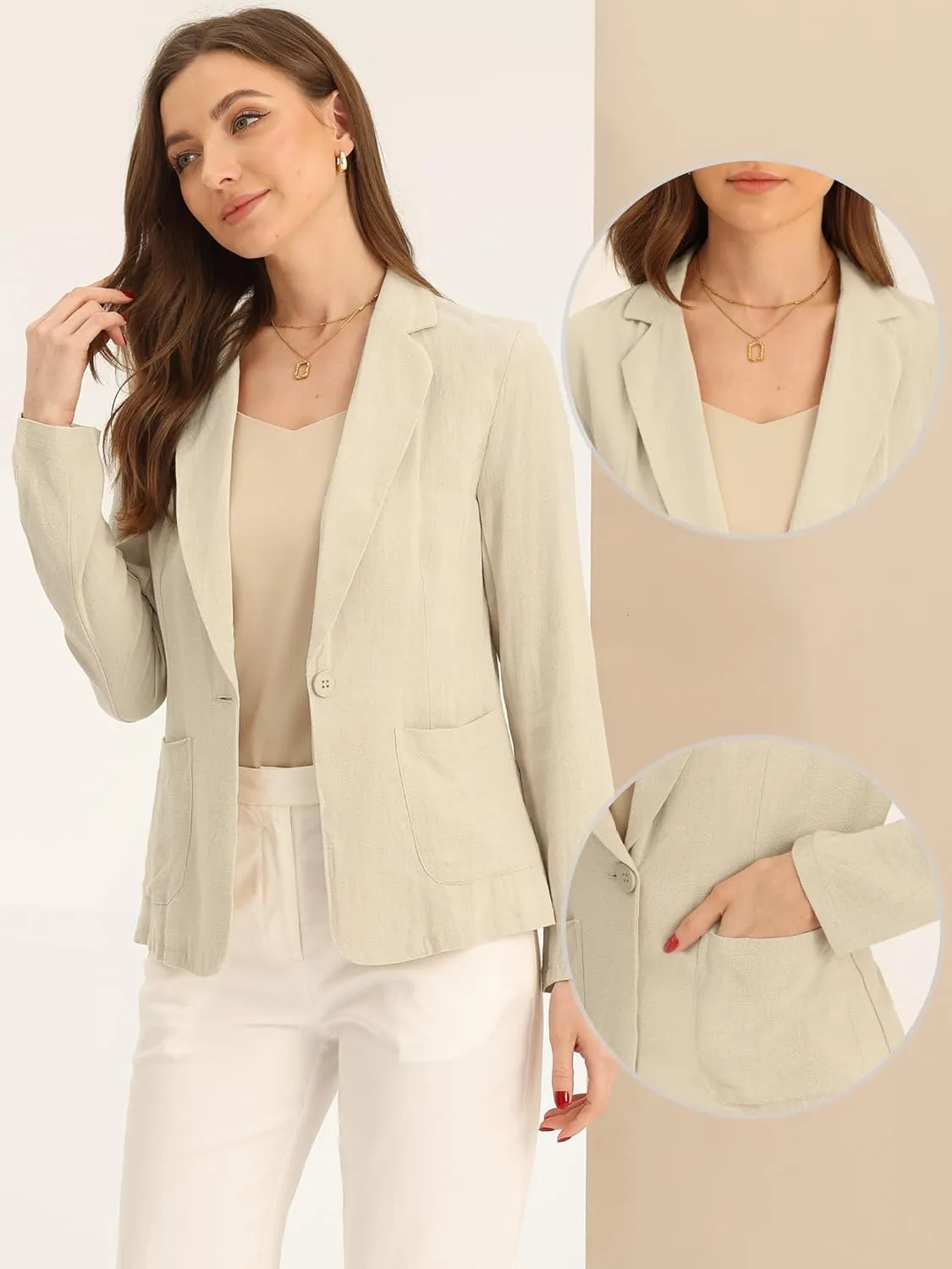 Allegra K Linen Blazer for Women's Notch Lapel One Button Casual Suit Jackets