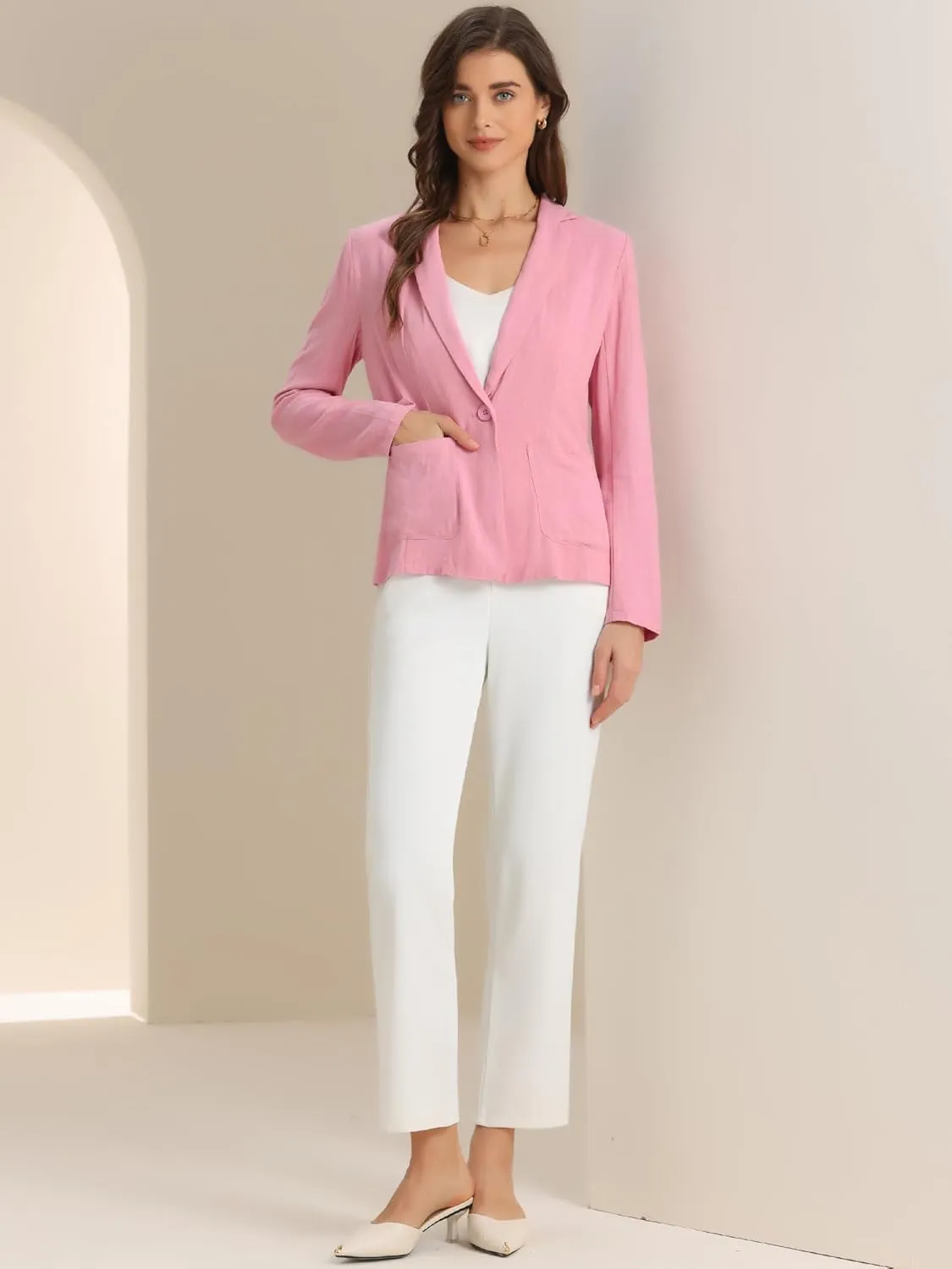 Allegra K Linen Blazer for Women's Notch Lapel One Button Casual Suit Jackets