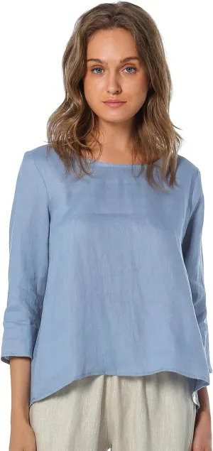 Amazhiyu Women's Linen 3/4 Sleeve Blouse Crew Neck Summer Casual Tops Loose Fit