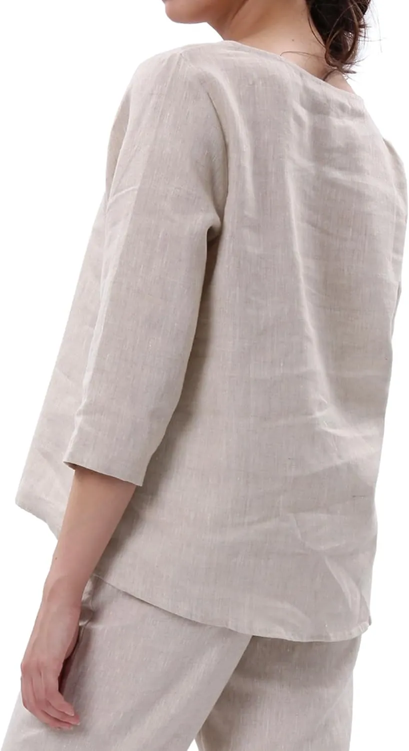 Amazhiyu Women's Linen 3/4 Sleeve Blouse Crew Neck Summer Casual Tops Loose Fit