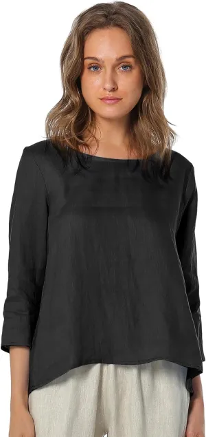 Amazhiyu Women's Linen 3/4 Sleeve Blouse Crew Neck Summer Casual Tops Loose Fit