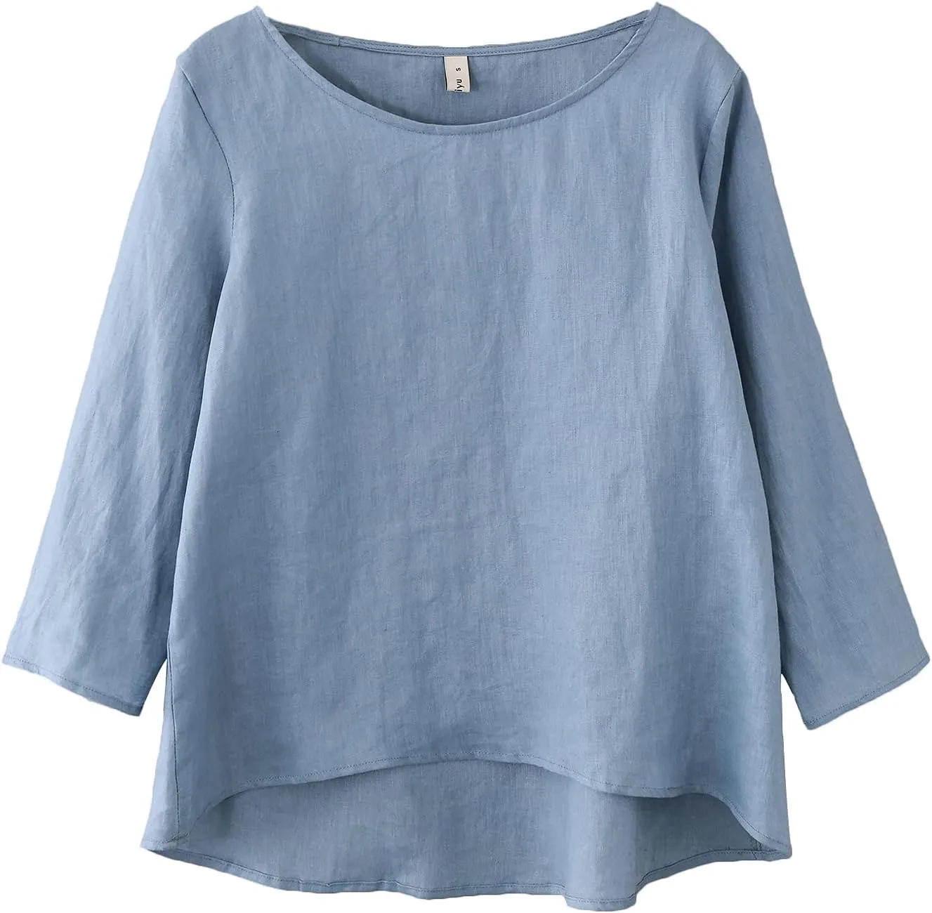 Amazhiyu Women's Linen 3/4 Sleeve Blouse Crew Neck Summer Casual Tops Loose Fit