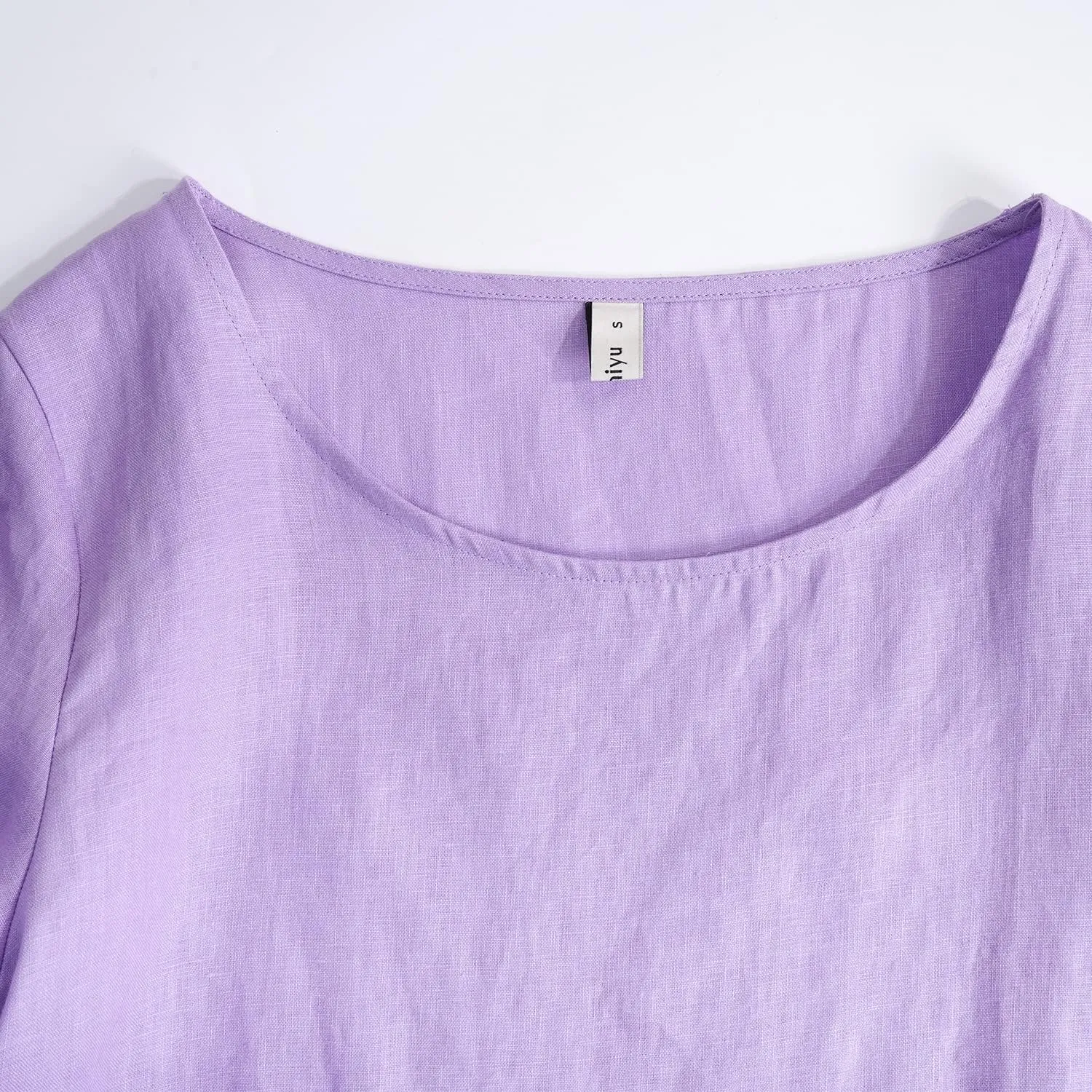 Amazhiyu Women's Linen 3/4 Sleeve Blouse Crew Neck Summer Casual Tops Loose Fit
