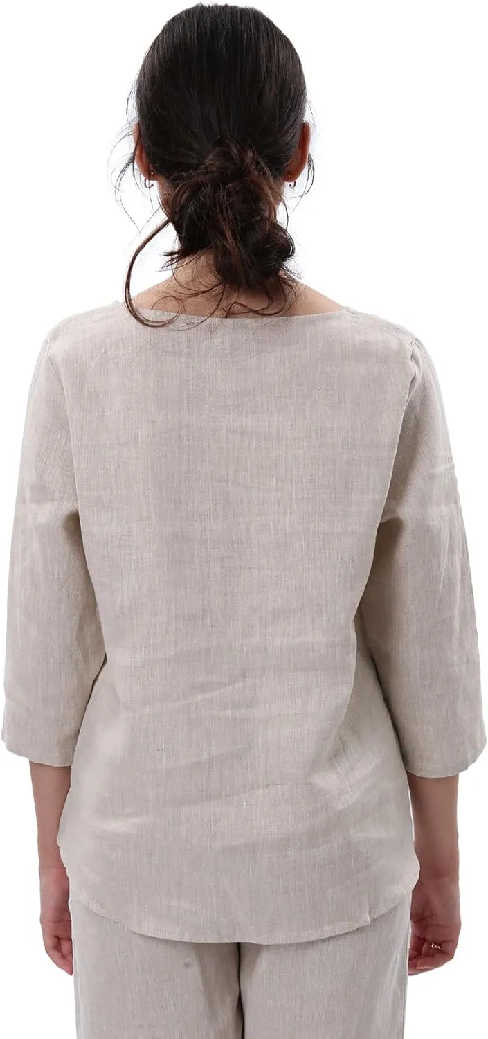Amazhiyu Women's Linen 3/4 Sleeve Blouse Crew Neck Summer Casual Tops Loose Fit