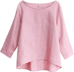 Amazhiyu Women's Linen 3/4 Sleeve Blouse Crew Neck Summer Casual Tops Loose Fit