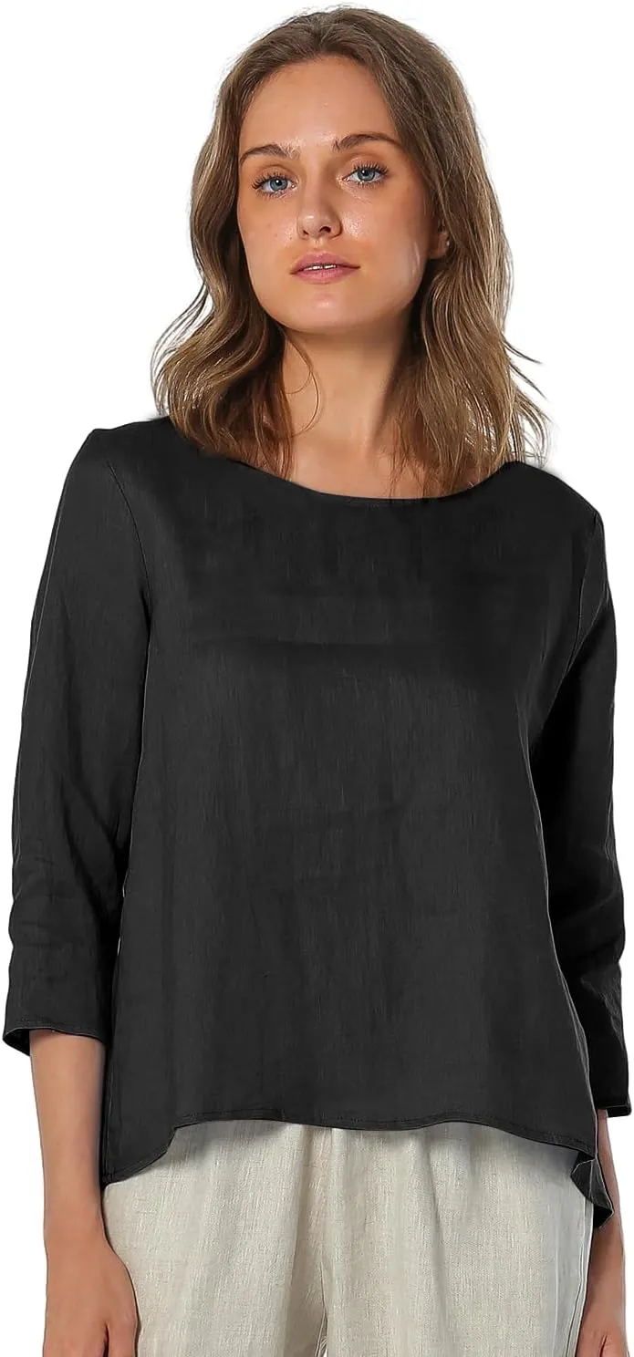 Amazhiyu Women's Linen 3/4 Sleeve Blouse Crew Neck Summer Casual Tops Loose Fit
