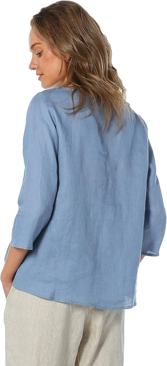 Amazhiyu Women's Linen 3/4 Sleeve Blouse Crew Neck Summer Casual Tops Loose Fit