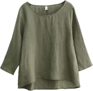 Amazhiyu Women's Linen 3/4 Sleeve Blouse Crew Neck Summer Casual Tops Loose Fit
