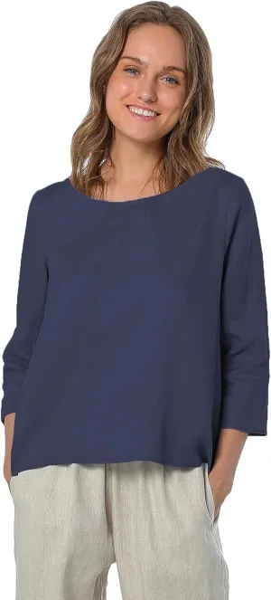 Amazhiyu Women's Linen 3/4 Sleeve Blouse Crew Neck Summer Casual Tops Loose Fit
