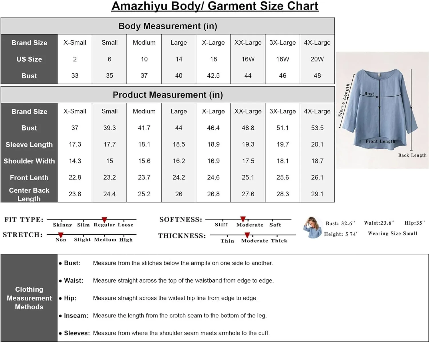 Amazhiyu Women's Linen 3/4 Sleeve Blouse Crew Neck Summer Casual Tops Loose Fit