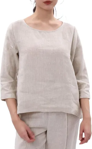 Amazhiyu Women's Linen 3/4 Sleeve Blouse Crew Neck Summer Casual Tops Loose Fit