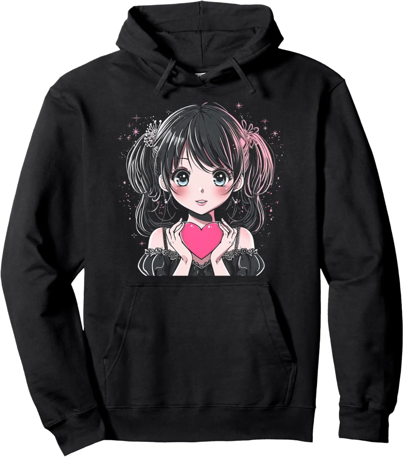 Anime Girl Pink Heart Valentine's Day Graphic Tee Pullover Hoodie