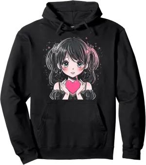Anime Girl Pink Heart Valentine's Day Graphic Tee Pullover Hoodie
