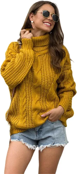 Autumn Winter Women Turtleneck Sweater, Loose Oversized Elegant Warm Knitted Pullovers, Solid Knitwear Jumper