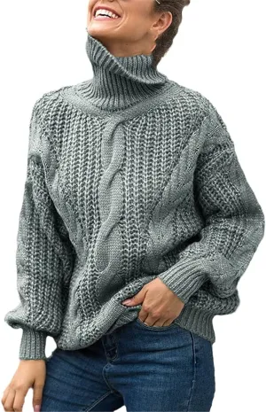 Autumn Winter Women Turtleneck Sweater, Loose Oversized Elegant Warm Knitted Pullovers, Solid Knitwear Jumper