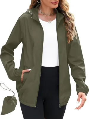 Avoogue Rain Jacket Women Lightweight Waterproof Raincoats Packable Travel Hiking Hooded Windbreaker with Pockets S-XXL