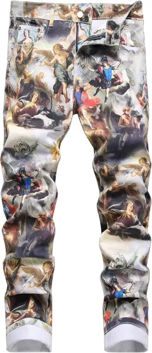 Baylvn Men's Casual Printed Slim Fit Jeans Skinny Denim Pants