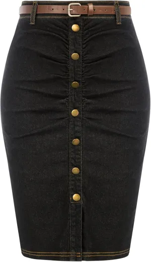 Belle Poque Denim Pencil Skirt for Women Ruched Bodycon Jeans Skirt with Belt High Waisted Pencil Skirts