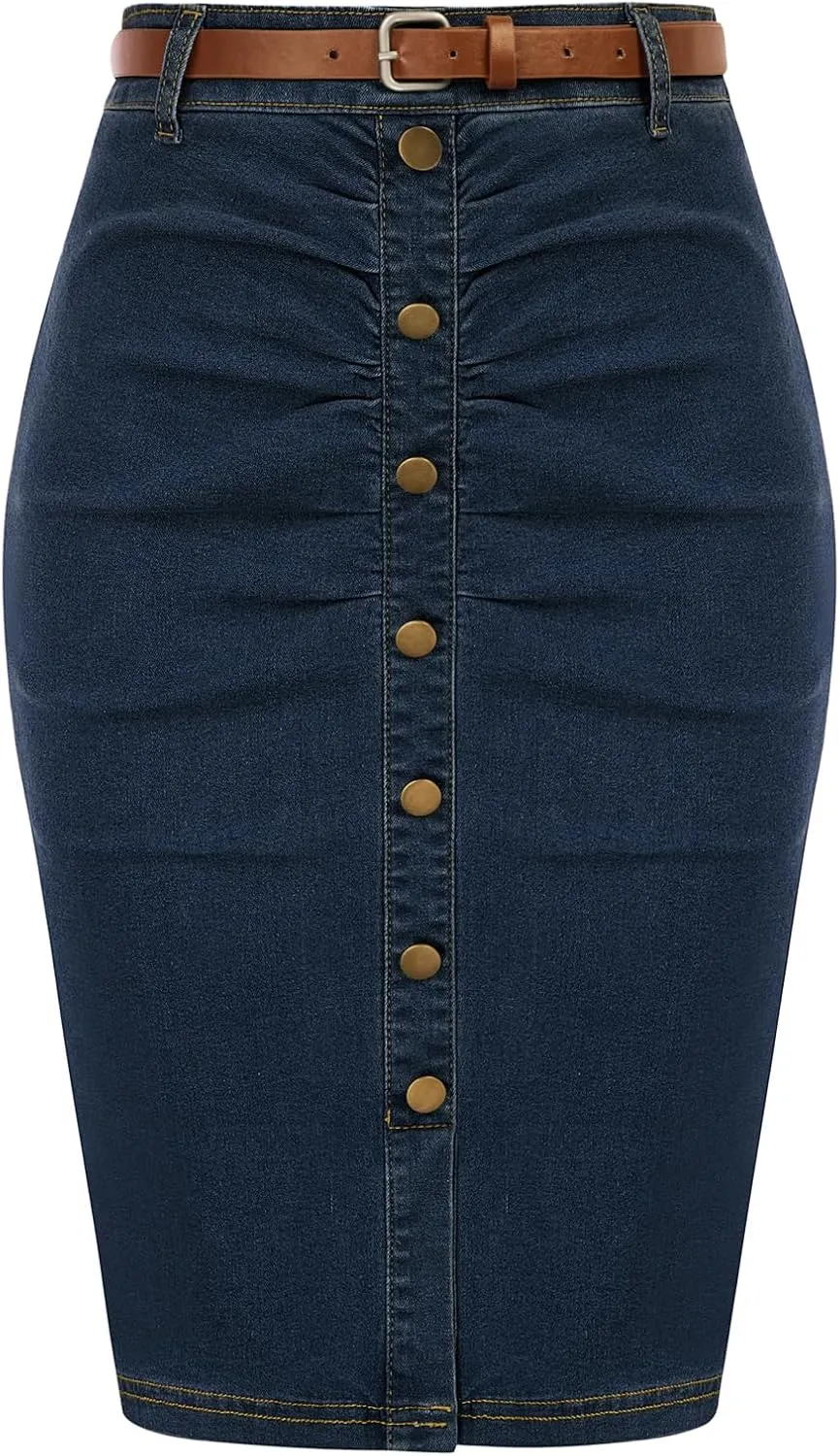 Belle Poque Denim Pencil Skirt for Women Ruched Bodycon Jeans Skirt with Belt High Waisted Pencil Skirts