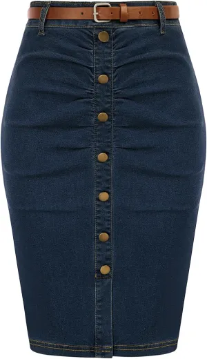 Belle Poque Denim Pencil Skirt for Women Ruched Bodycon Jeans Skirt with Belt High Waisted Pencil Skirts