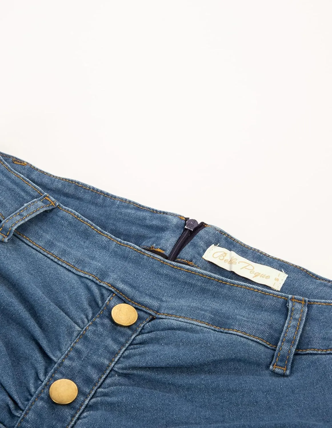 Belle Poque Denim Pencil Skirt for Women Ruched Bodycon Jeans Skirt with Belt High Waisted Pencil Skirts