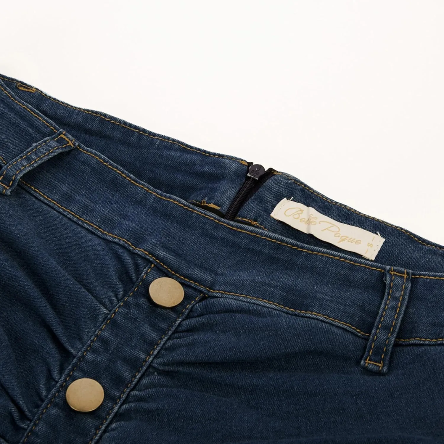 Belle Poque Denim Pencil Skirt for Women Ruched Bodycon Jeans Skirt with Belt High Waisted Pencil Skirts