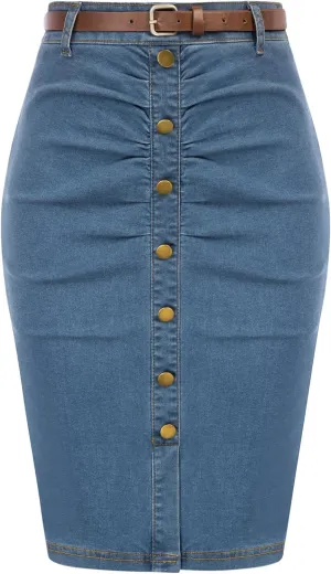 Belle Poque Denim Pencil Skirt for Women Ruched Bodycon Jeans Skirt with Belt High Waisted Pencil Skirts
