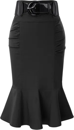 Belle Poque Women’s High Waisted Peplum Midi Pencil Skirt Work Business Skirts with Belt